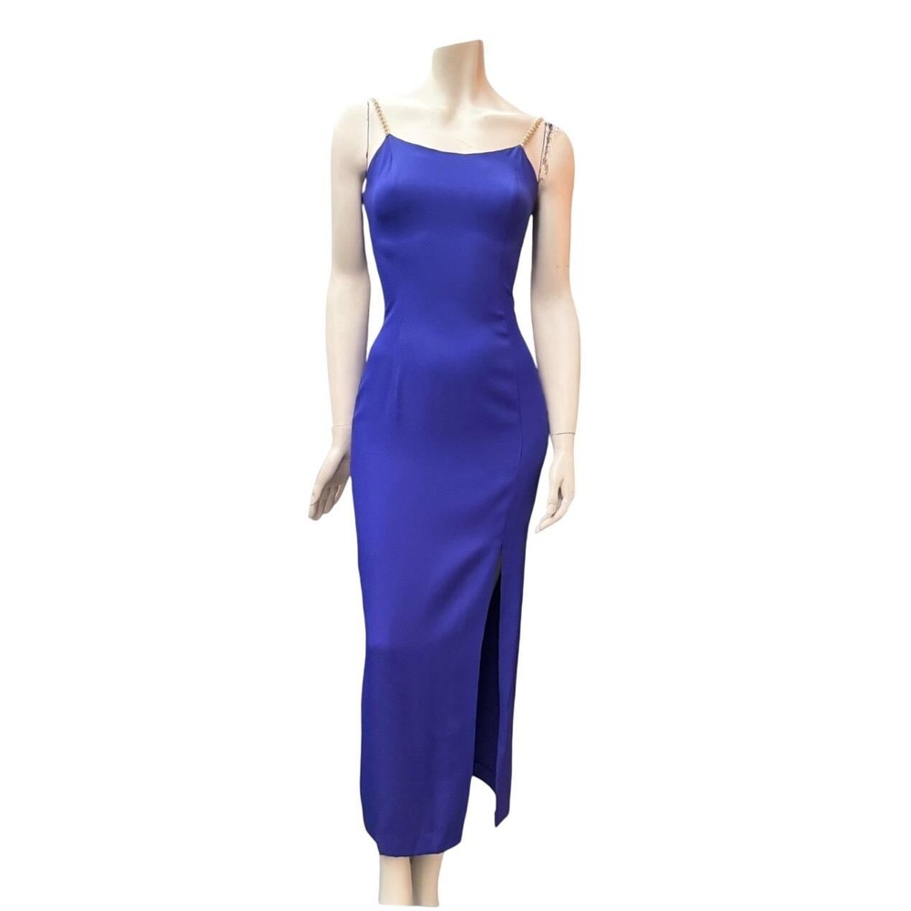Jessica McClintock Maxi Dress Rhinestone Chain Strap Royal Blue Y2K Glam Prom XS